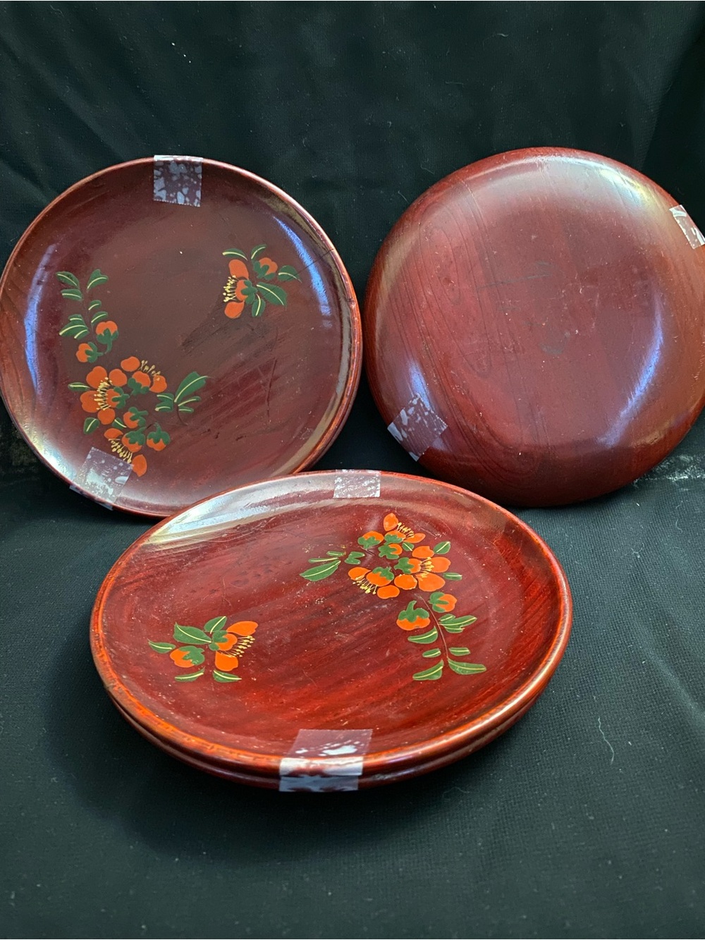 6 Vintage Japanese Shunkei Nuri red lacquer wooden plate featuring an elegantly.